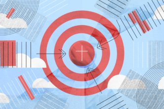 A large, red target-like circle, with a cross in the center to represent a gospel centered theology.