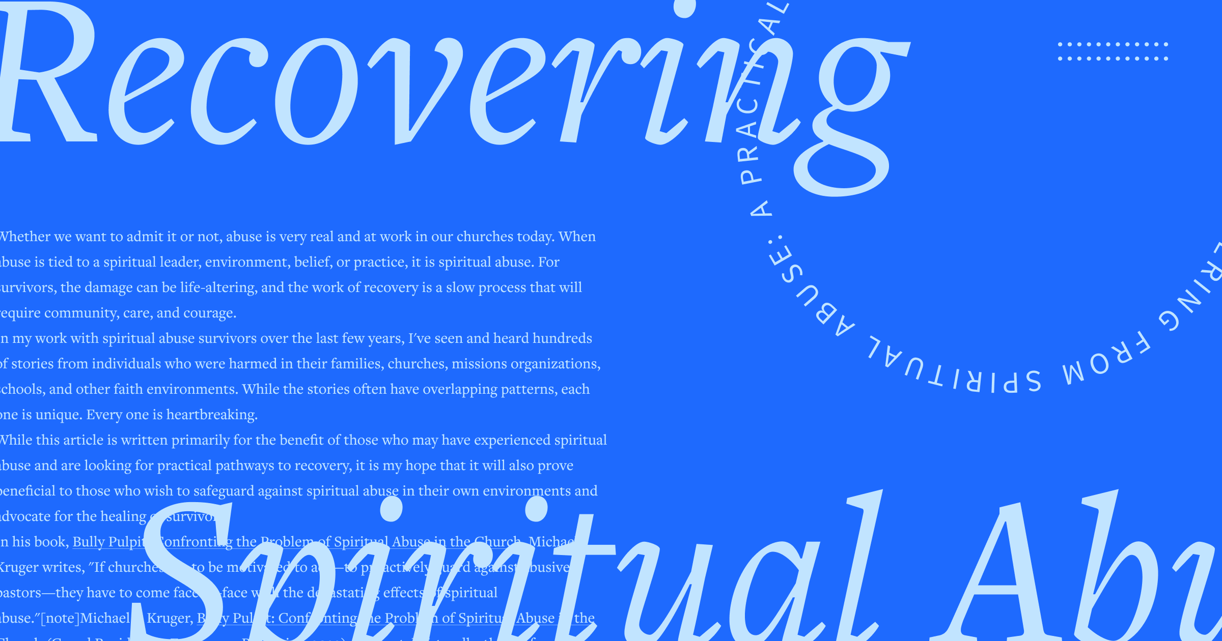 The words Recovering Spiritual Abuse can be seen in large script font with a portion of the article text in the background.